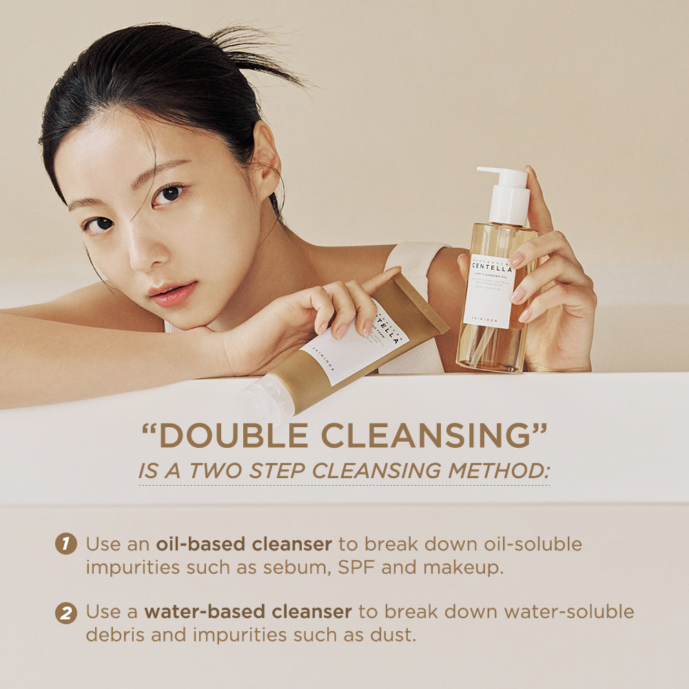 Model holding SKIN1004 Centella Light Cleansing Oil and Ampoule Foam double cleansing method explained - Korean skincare Paphos Cyprus