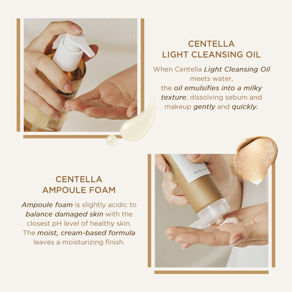 SKIN1004 Centella Light Cleansing Oil oil-to-milk emulsion and Ampoule Foam cream texture - K-Beauty double cleanse Cyprus