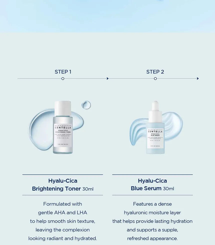 SKIN1004 Hyalu-Cica Brightening Toner and Blue Serum 30ml steps 1 and 2 - Korean cosmetics hydration routine Cyprus
