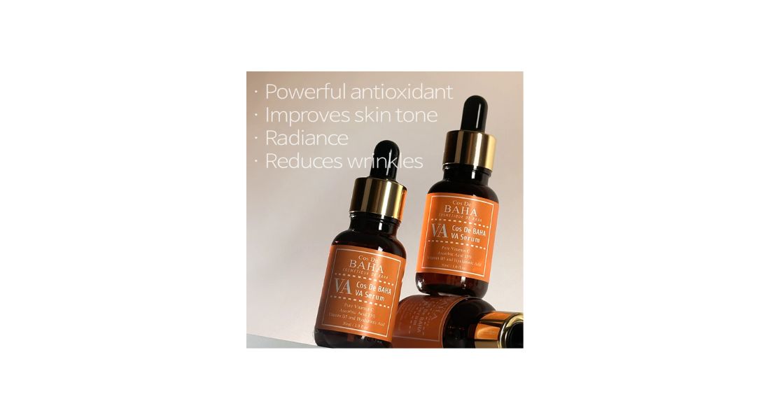 Cos De BAHA VA Serum texture swatch — clear watery formula with Vitamin C 15% and Beta-Arbutin 2% for radiant skin