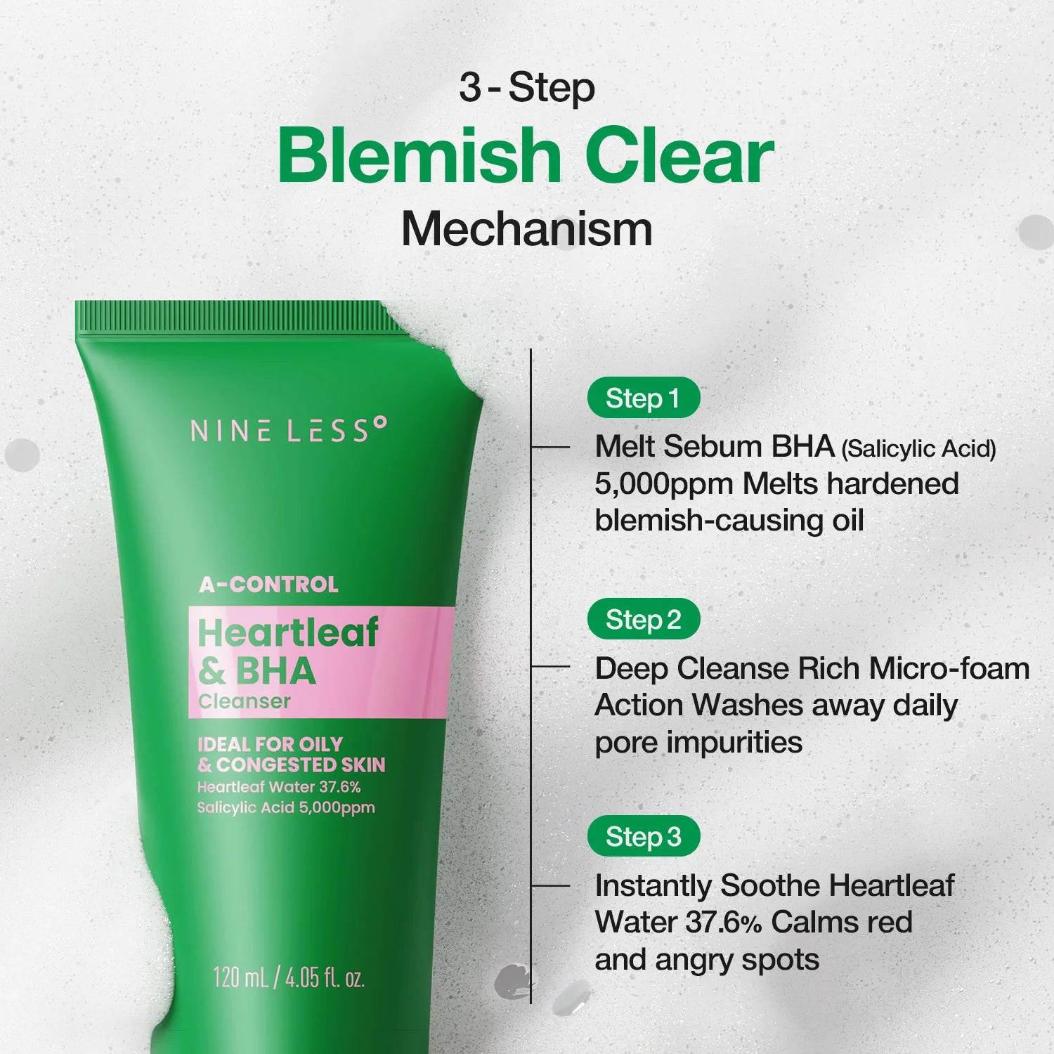 NINE LESS BHA Foam Cleanser with 37.6% Heartleaf Water – Korean Skincare for Acne-Prone Skin | Cyprus