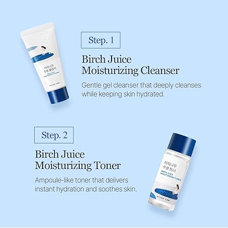 ROUND LAB Birch Juice Mini Kit – Cleanser, Toner, Serum & Cream for Sensitive & Acne-Prone Skin